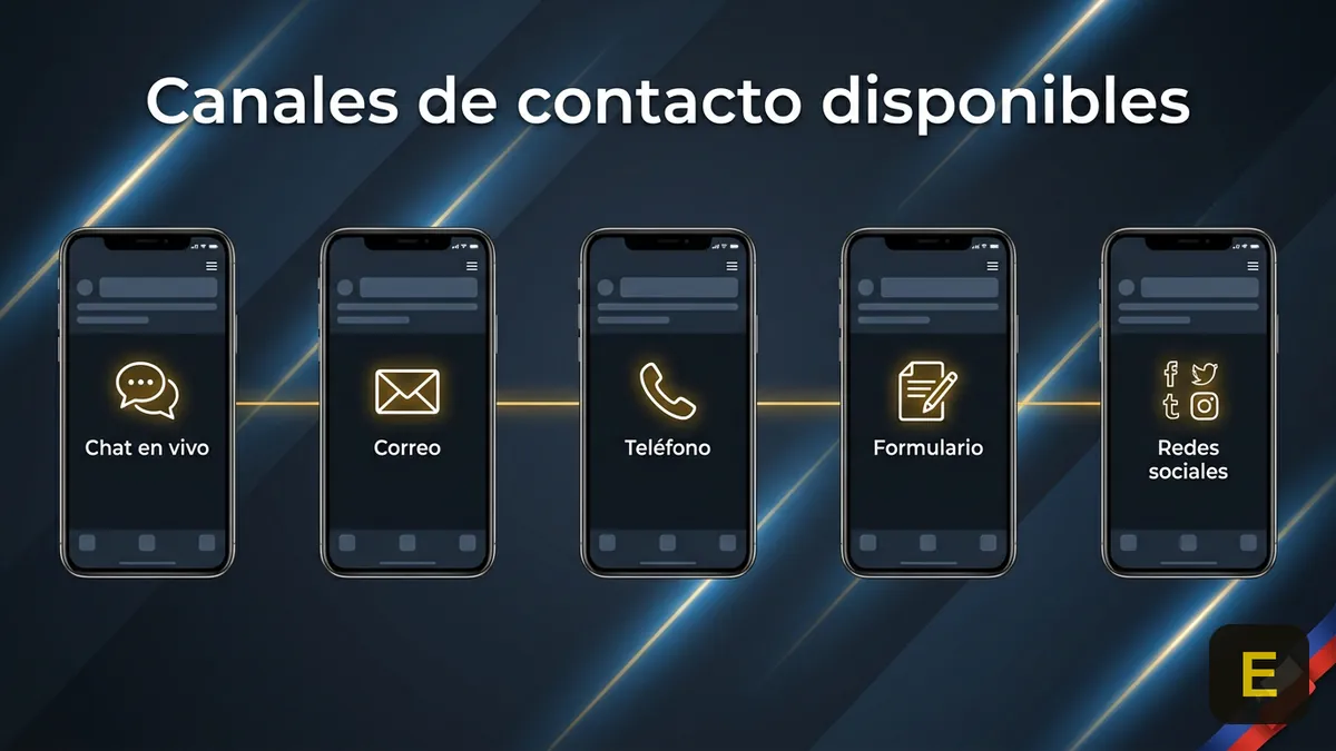 Cinco canales de contacto de Ecuabet Chile: chat, teléfono, formulario, correo y redes sociales