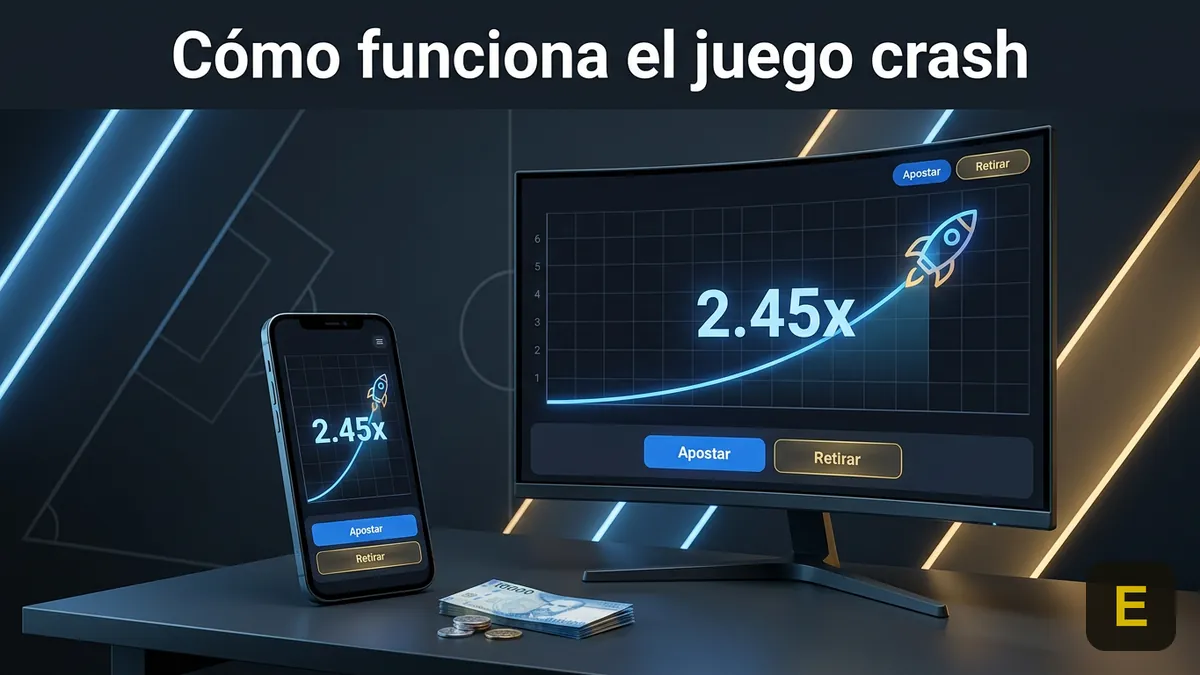 Interfaz genérica de juego crash con multiplicador en aumento, mostrada en celular y monitor, en tonos dorado y azul oscuro.